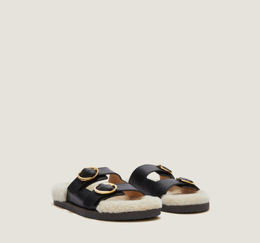 Yuki Black Leather Flat Sandal