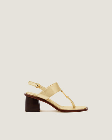 Olivia Gold Leather Thong Heel Sandal - Odissì